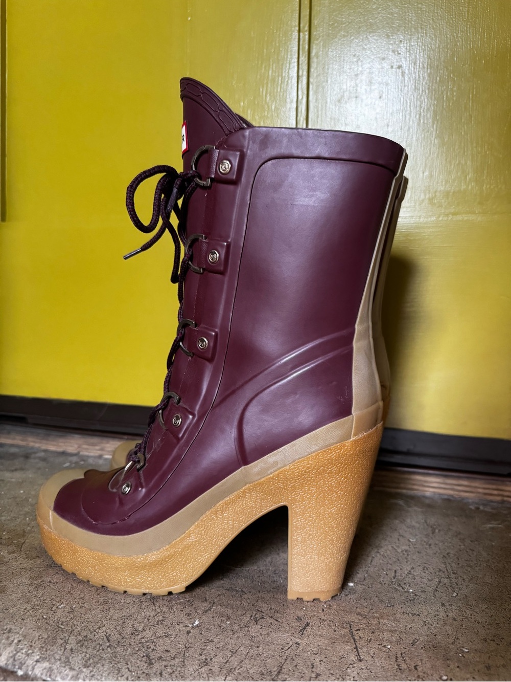 Vintage Hunter Burgundy and Mustard Lace-Up Platform Heeled Rain Boots - Picture 9 of 9